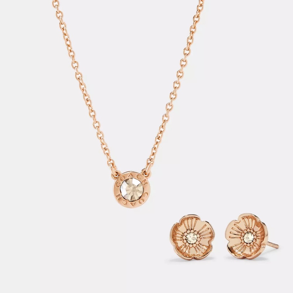 Coach Open Circle Necklace And Tea Rose Stud Earrings Set